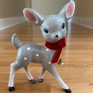 Retro Gray Blue Christmas Deer Glitter Red Bow 10"